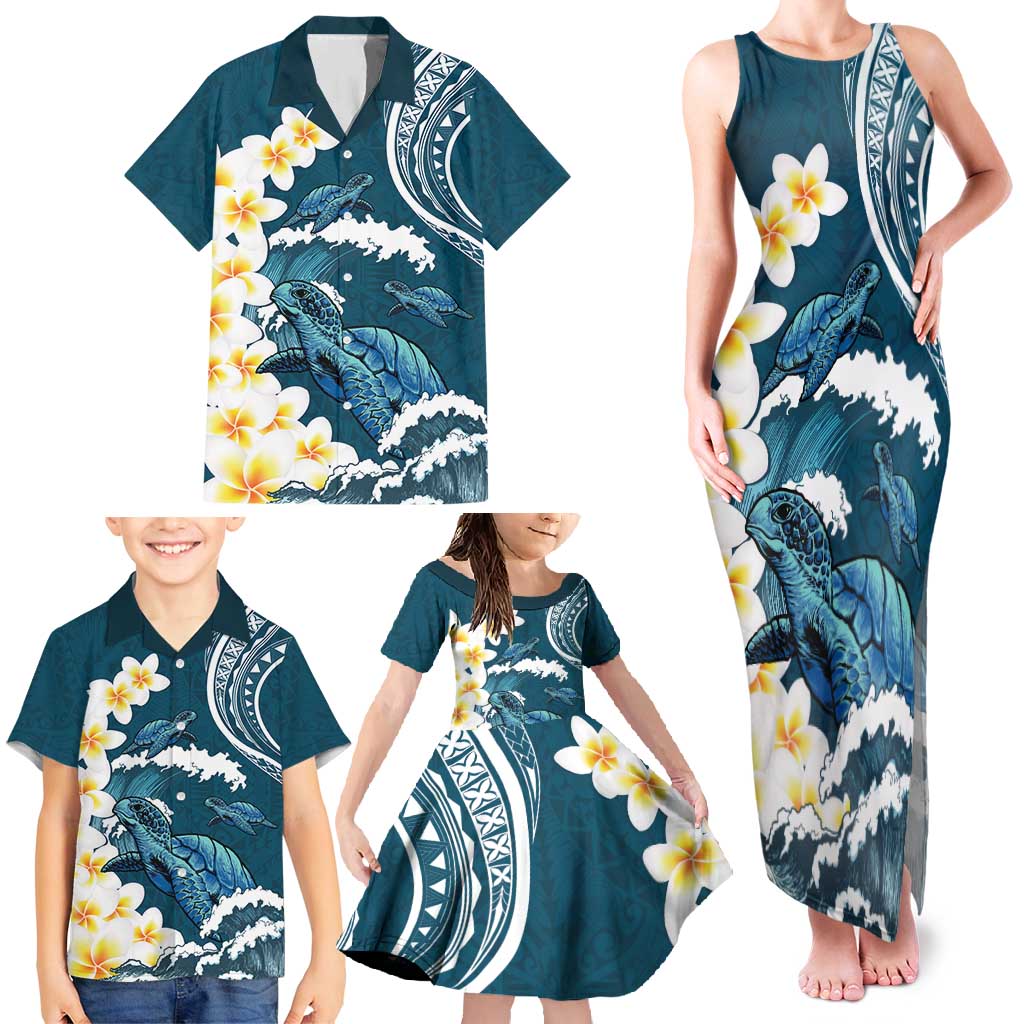 Dark Teal Polynesia Family Matching Tank Maxi Dress and Hawaiian Shirt Polynesian Frangipani With Sea Turtles