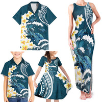 Dark Teal Polynesia Family Matching Tank Maxi Dress and Hawaiian Shirt Polynesian Frangipani With Sea Turtles