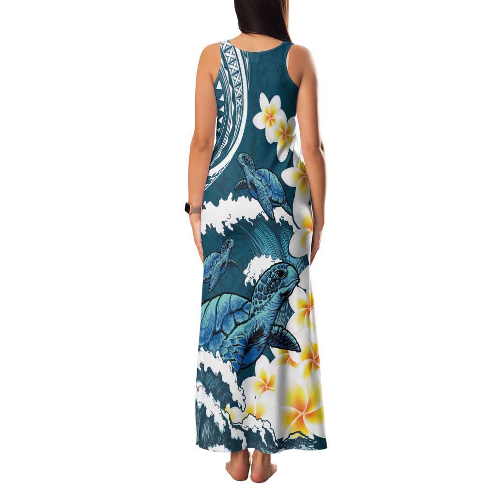 Dark Teal Polynesia Family Matching Tank Maxi Dress and Hawaiian Shirt Polynesian Frangipani With Sea Turtles