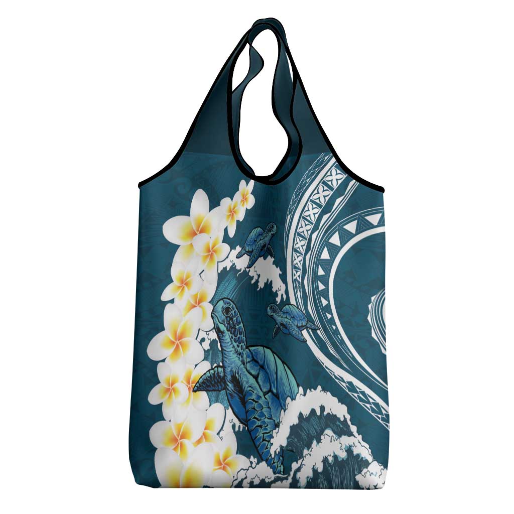Dark Teal Polynesia Grocery Bag Polynesian Frangipani With Sea Turtles