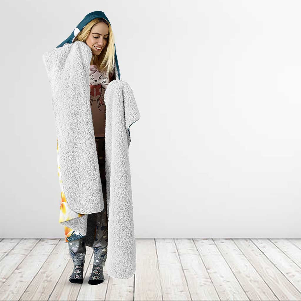 Dark Teal Polynesia Hooded Blanket Polynesian Frangipani With Sea Turtles