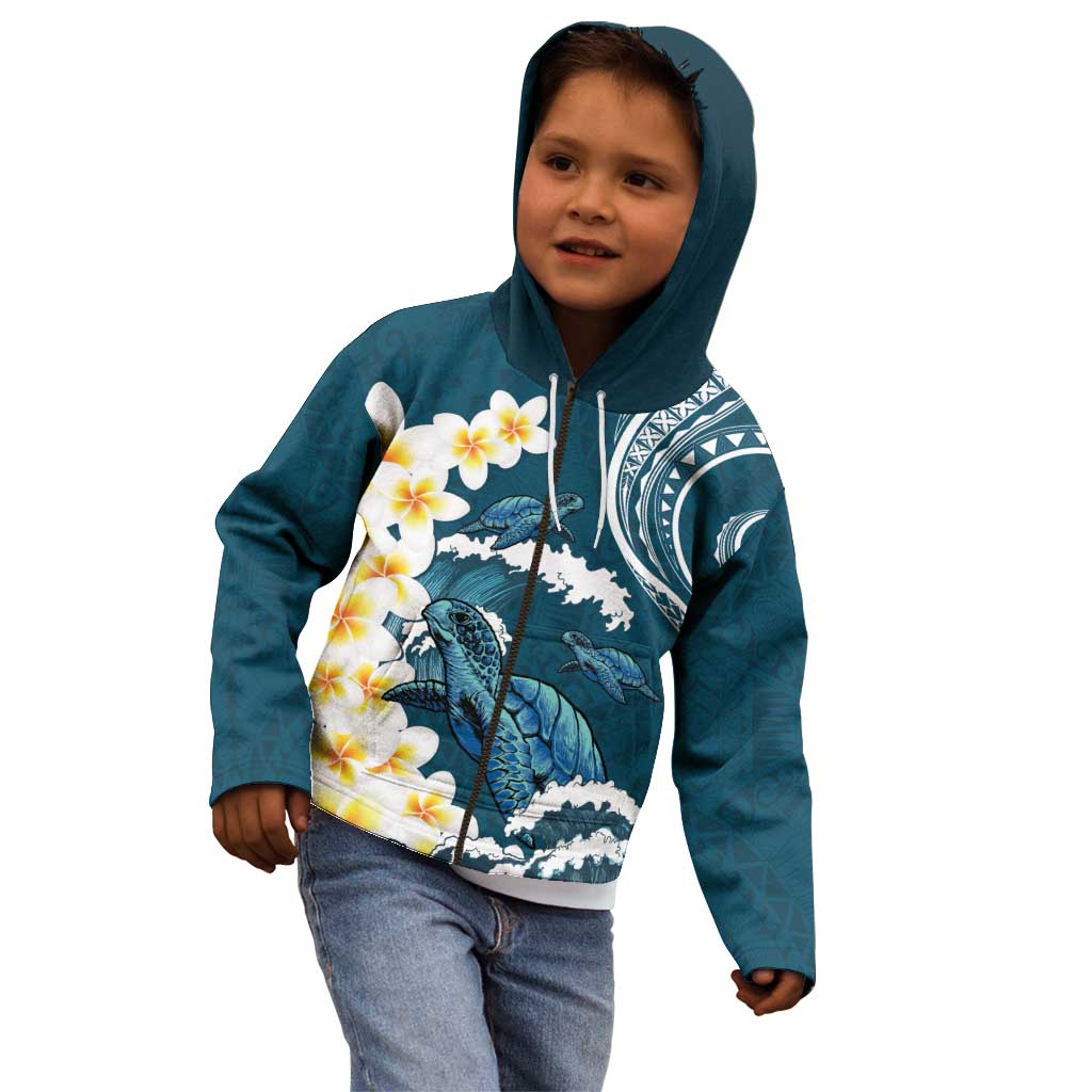 Dark Teal Polynesia Kid Hoodie Polynesian Frangipani With Sea Turtles