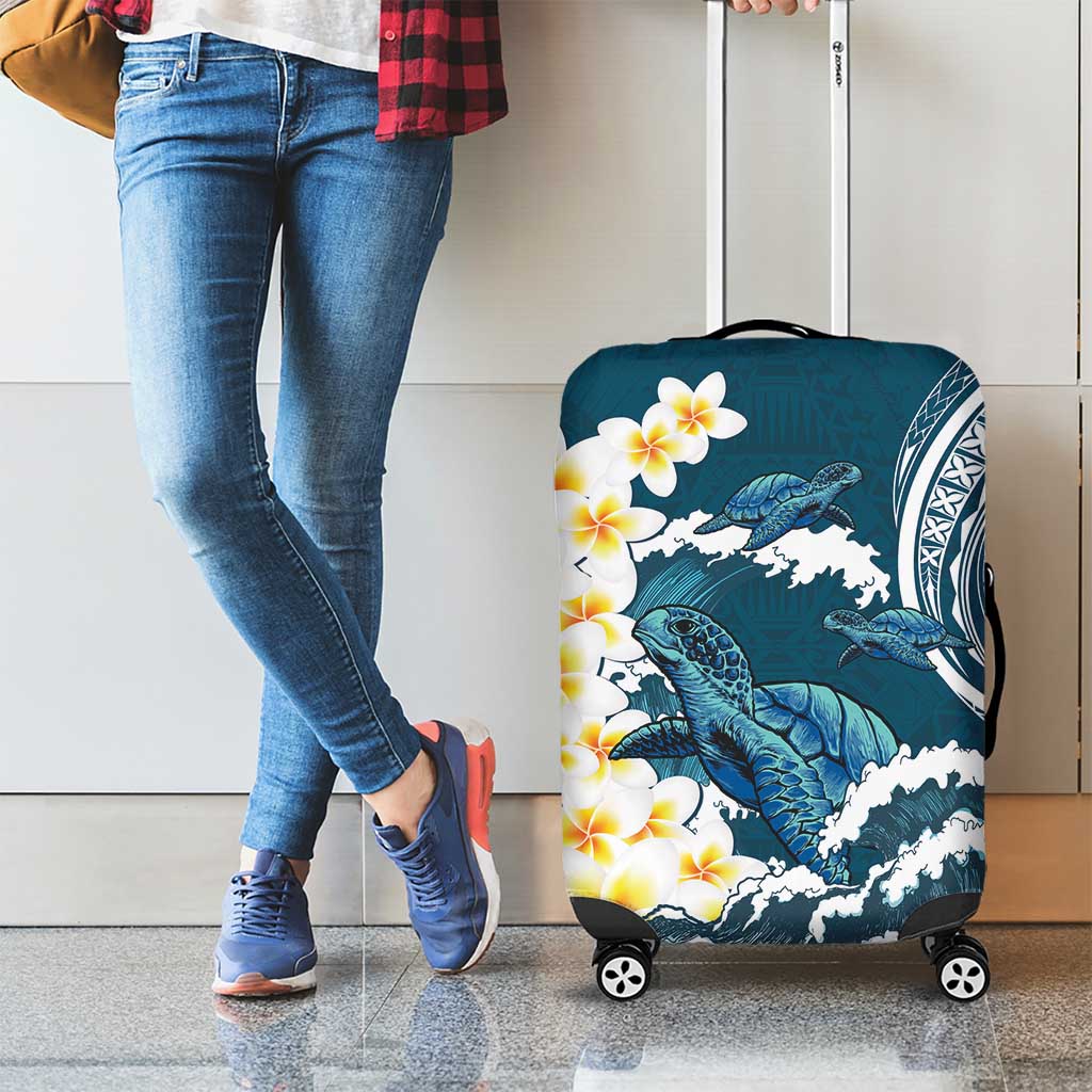 Dark Teal Polynesia Luggage Cover Polynesian Frangipani With Sea Turtles