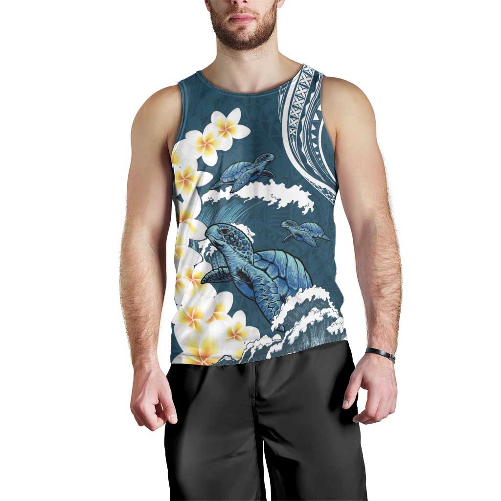 Dark Teal Polynesia Men Tank Top Polynesian Frangipani With Sea Turtles