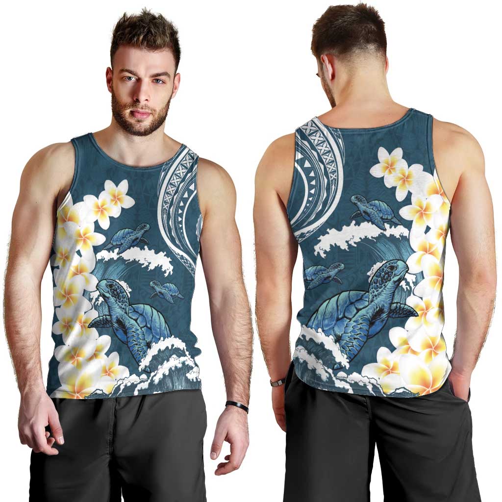 Dark Teal Polynesia Men Tank Top Polynesian Frangipani With Sea Turtles