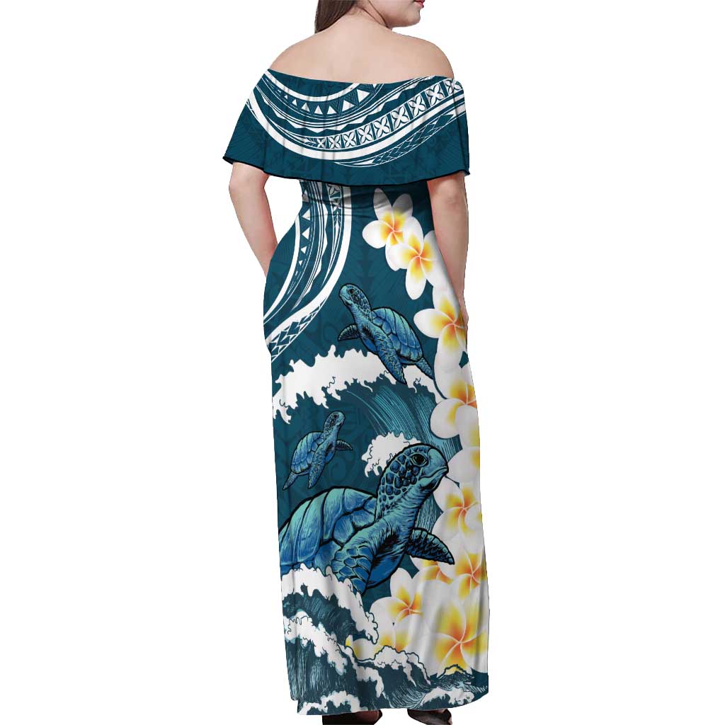 Dark Teal Polynesia Off Shoulder Maxi Dress Polynesian Frangipani With Sea Turtles