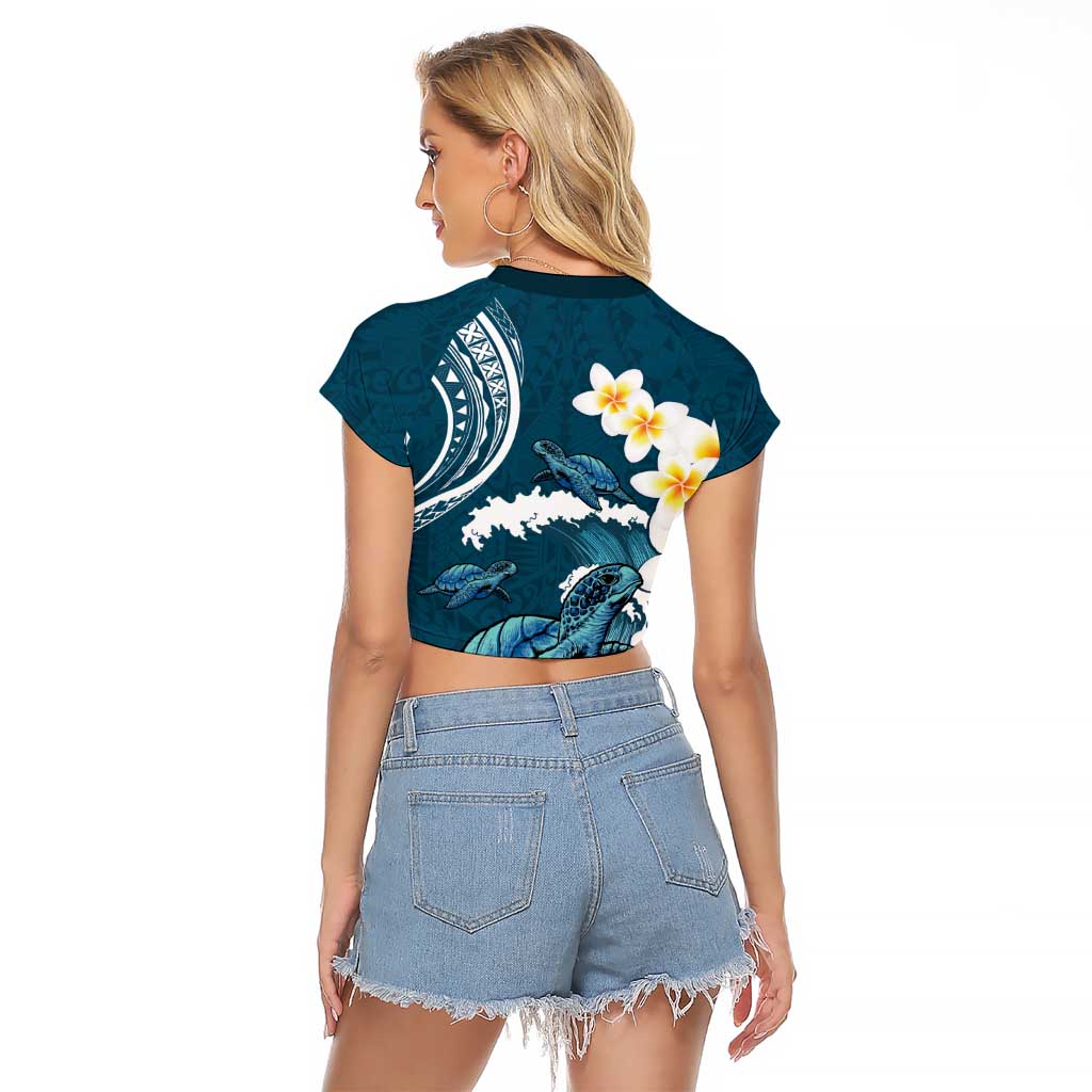 Dark Teal Polynesia Raglan Cropped T Shirt Polynesian Frangipani With Sea Turtles