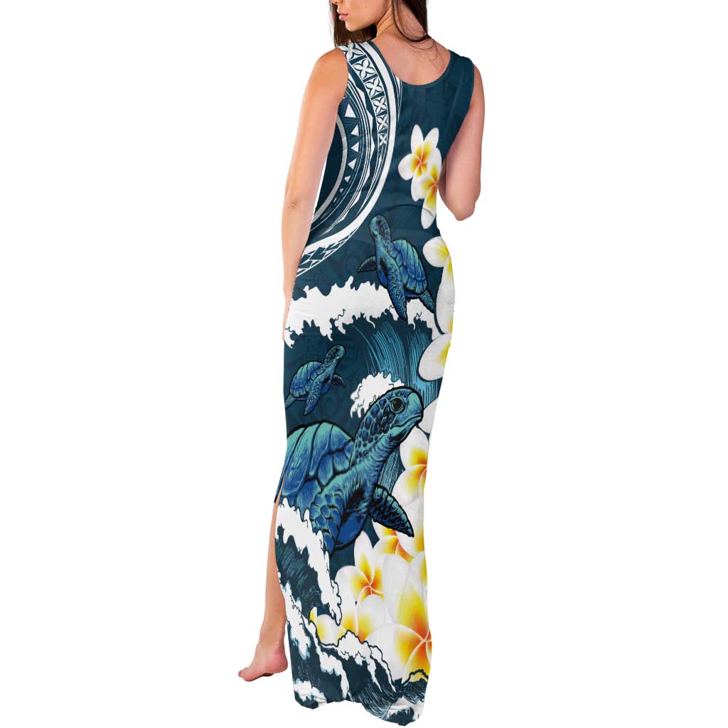 Dark Teal Polynesia Tank Maxi Dress Polynesian Frangipani With Sea Turtles
