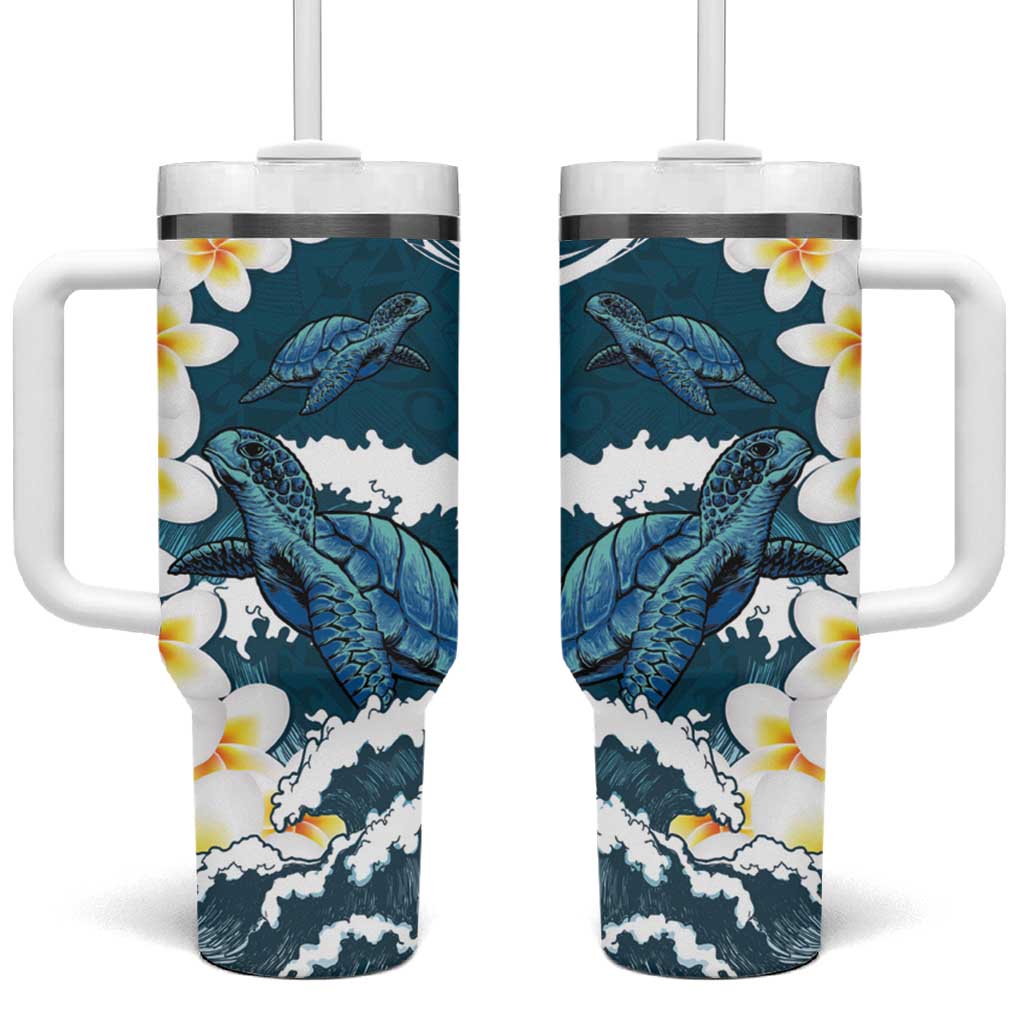 Dark Teal Polynesia Tumbler With Handle Polynesian Frangipani With Sea Turtles