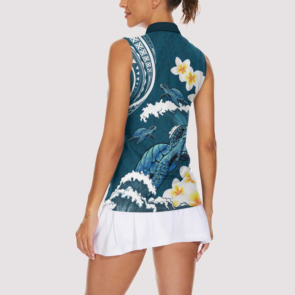 Dark Teal Polynesia Women Sleeveless Polo Shirt Polynesian Frangipani With Sea Turtles
