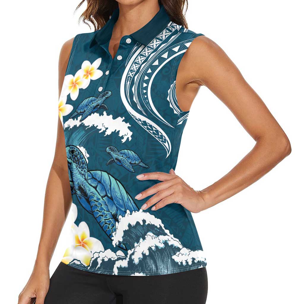 Dark Teal Polynesia Women Sleeveless Polo Shirt Polynesian Frangipani With Sea Turtles