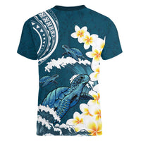 Dark Teal Polynesia Women V-Neck T-Shirt Polynesian Frangipani With Sea Turtles