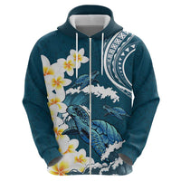 Dark Teal Polynesia Zip Hoodie Polynesian Frangipani With Sea Turtles