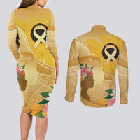 Polynesia Childhood Cancer Awareness Couples Matching Long Sleeve Bodycon Dress and Long Sleeve Button Shirt Be Bold Go Gold Polynesian Art