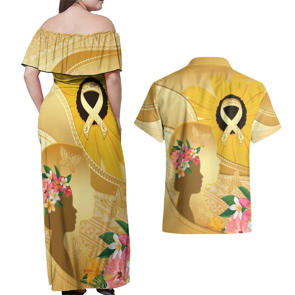 Polynesia Childhood Cancer Awareness Couples Matching Off Shoulder Maxi Dress and Hawaiian Shirt Be Bold Go Gold Polynesian Art