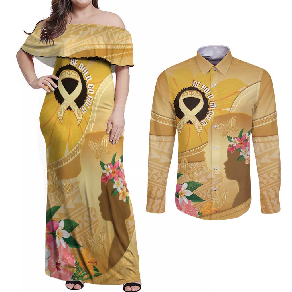 Polynesia Childhood Cancer Awareness Couples Matching Off Shoulder Maxi Dress and Long Sleeve Button Shirt Be Bold Go Gold Polynesian Art
