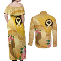 Polynesia Childhood Cancer Awareness Couples Matching Off Shoulder Maxi Dress and Long Sleeve Button Shirt Be Bold Go Gold Polynesian Art