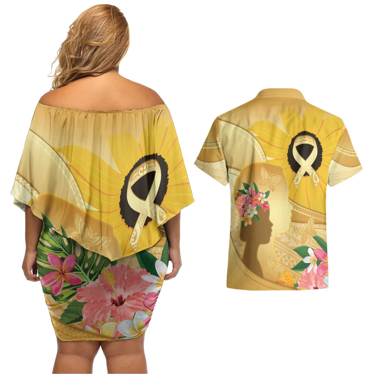 Polynesia Childhood Cancer Awareness Couples Matching Off Shoulder Short Dress and Hawaiian Shirt Be Bold Go Gold Polynesian Art