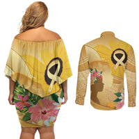 Polynesia Childhood Cancer Awareness Couples Matching Off Shoulder Short Dress and Long Sleeve Button Shirt Be Bold Go Gold Polynesian Art