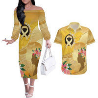 Polynesia Childhood Cancer Awareness Couples Matching Off The Shoulder Long Sleeve Dress and Hawaiian Shirt Be Bold Go Gold Polynesian Art