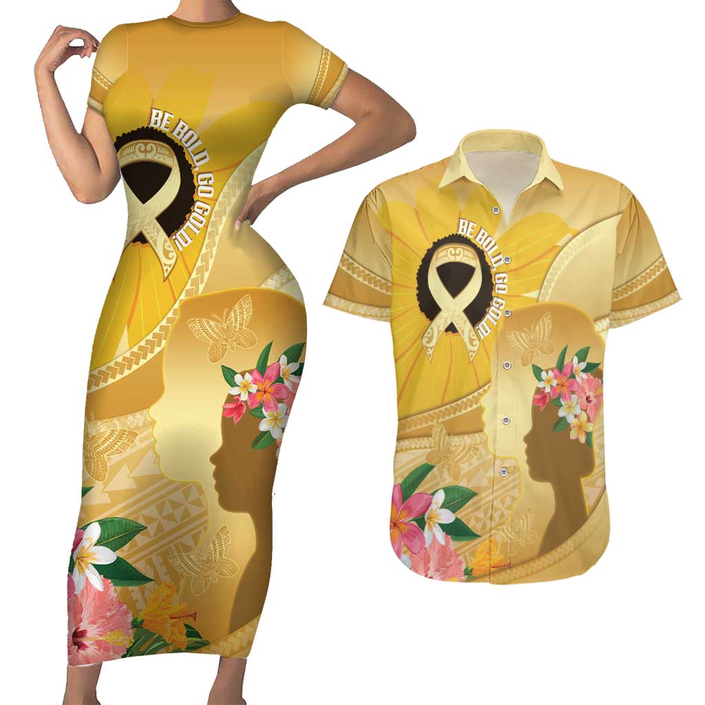 Polynesia Childhood Cancer Awareness Couples Matching Short Sleeve Bodycon Dress and Hawaiian Shirt Be Bold Go Gold Polynesian Art