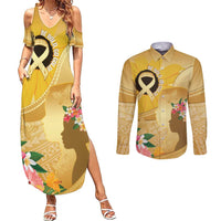 Polynesia Childhood Cancer Awareness Couples Matching Summer Maxi Dress and Long Sleeve Button Shirt Be Bold Go Gold Polynesian Art