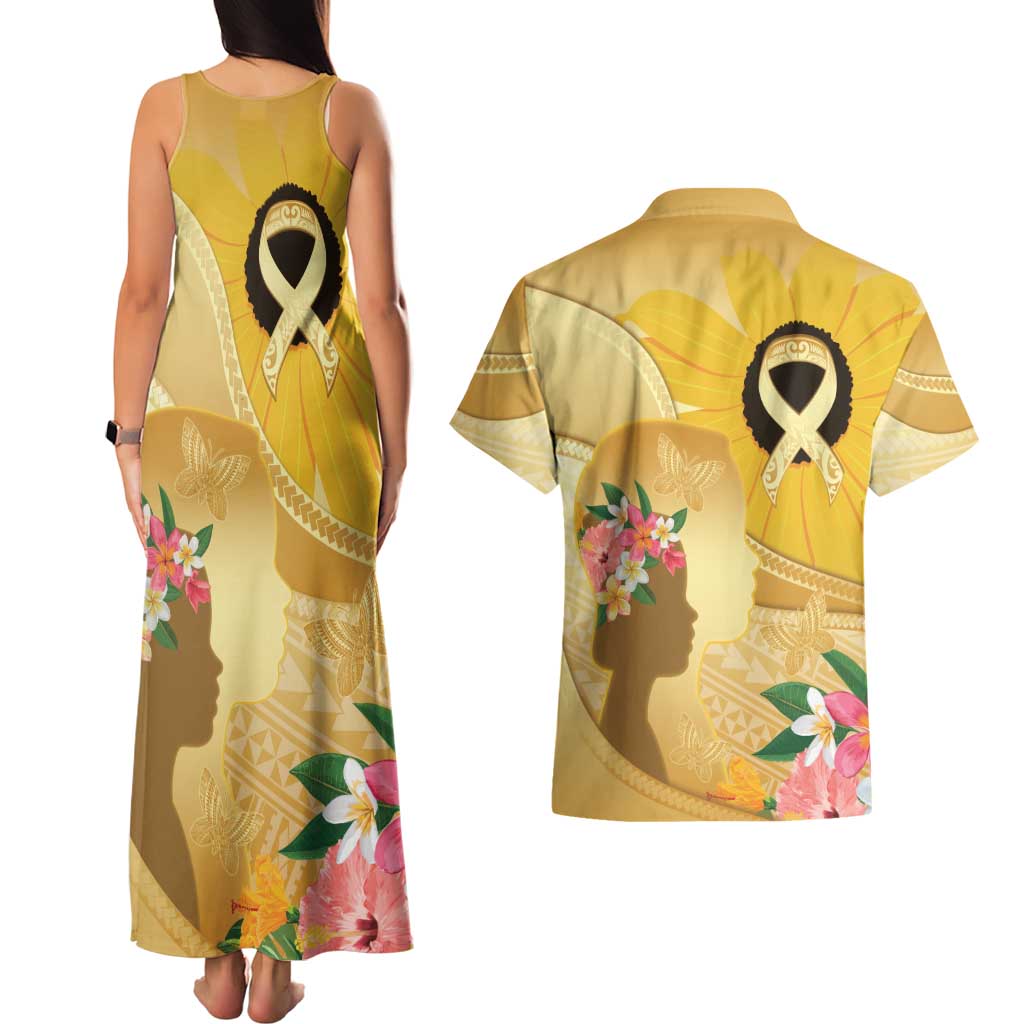 Polynesia Childhood Cancer Awareness Couples Matching Tank Maxi Dress and Hawaiian Shirt Be Bold Go Gold Polynesian Art