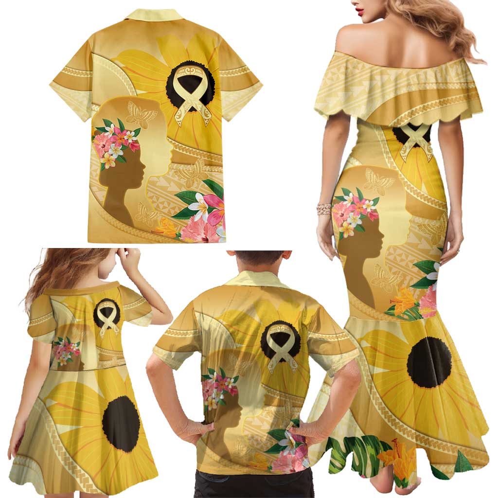 Polynesia Childhood Cancer Awareness Family Matching Mermaid Dress and Hawaiian Shirt Be Bold Go Gold Polynesian Art