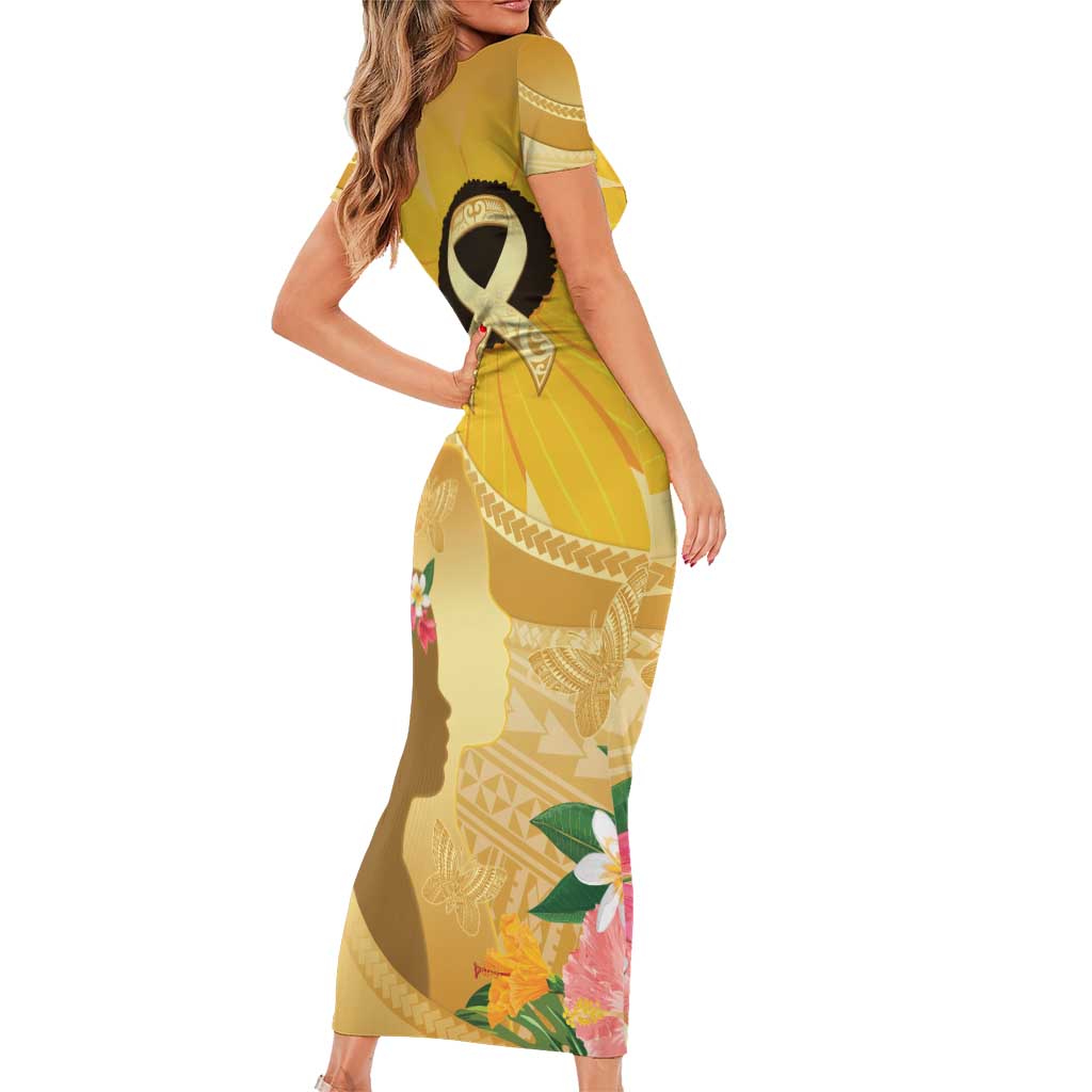 Polynesia Childhood Cancer Awareness Short Sleeve Bodycon Dress Be Bold Go Gold Polynesian Art