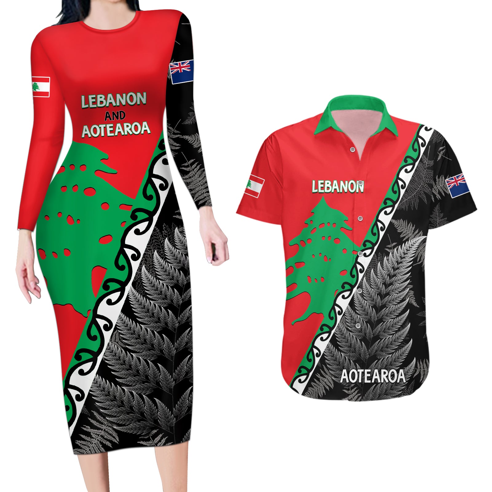 New Zealand And Lebanon Couples Matching Long Sleeve Bodycon Dress and Hawaiian Shirt Silver Fern Maori With Cedar Tree Together LT14 Red - Polynesian Pride