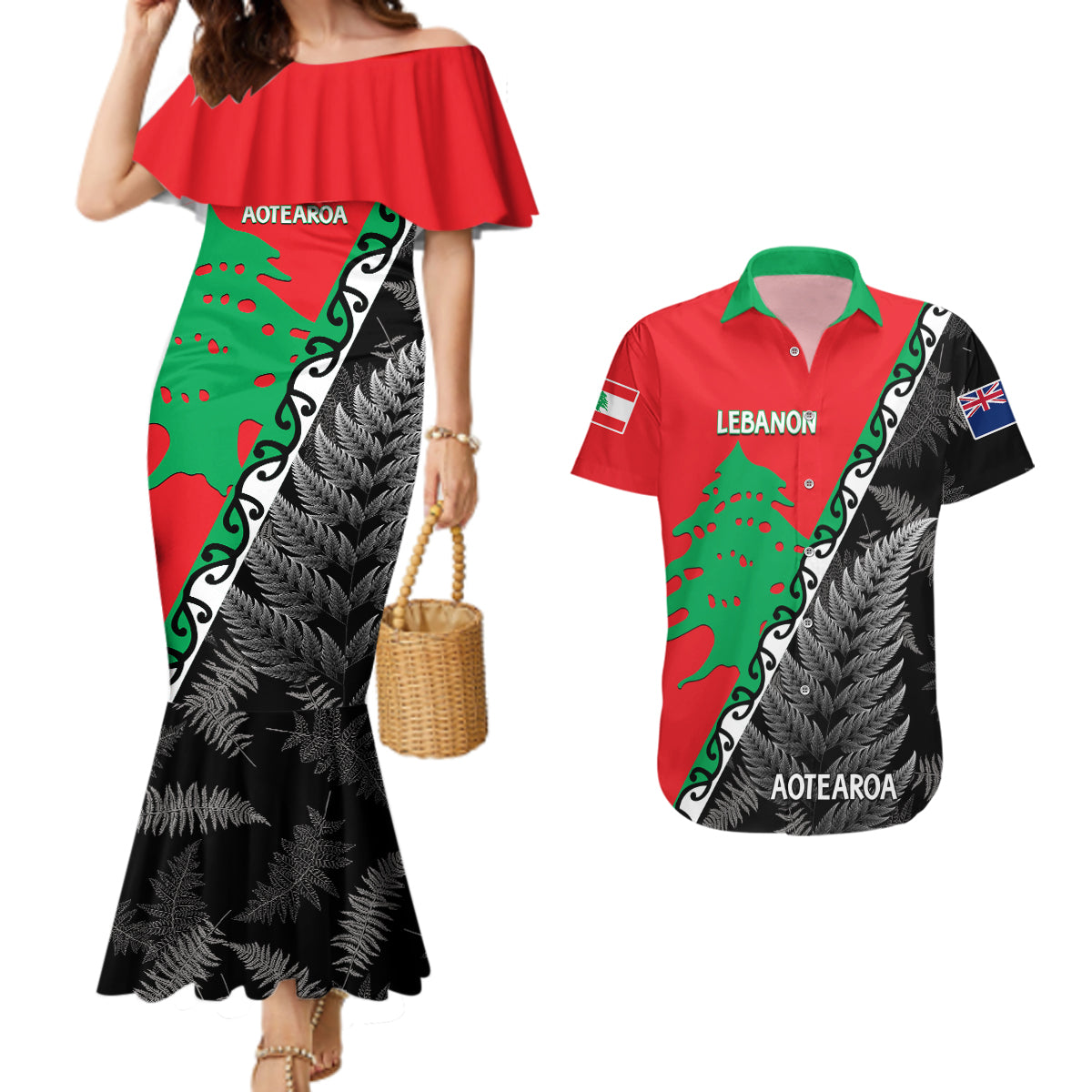 New Zealand And Lebanon Couples Matching Mermaid Dress and Hawaiian Shirt Silver Fern Maori With Cedar Tree Together LT14 Red - Polynesian Pride