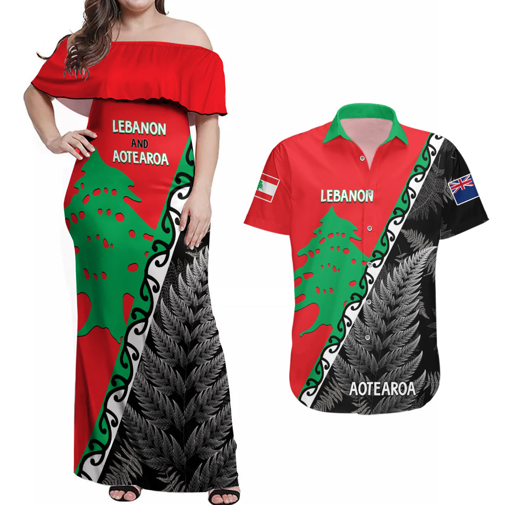 New Zealand And Lebanon Couples Matching Off Shoulder Maxi Dress and Hawaiian Shirt Silver Fern Maori With Cedar Tree Together LT14 Red - Polynesian Pride