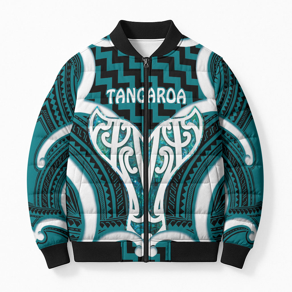 Aotearoa Atua Tangaroa Personalised Bomber Puffer Jacket God Of The Sea Maori Whale Tail Cyan LT14 Unisex Cyan - Polynesian Pride