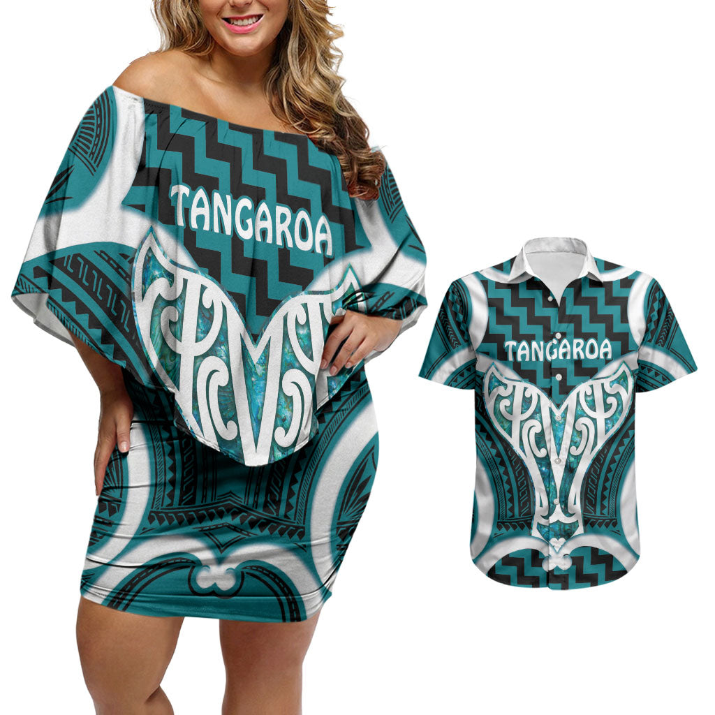 Aotearoa Atua Tangaroa Personalised Couples Matching Off Shoulder Short Dress and Hawaiian Shirt God Of The Sea Maori Whale Tail Cyan