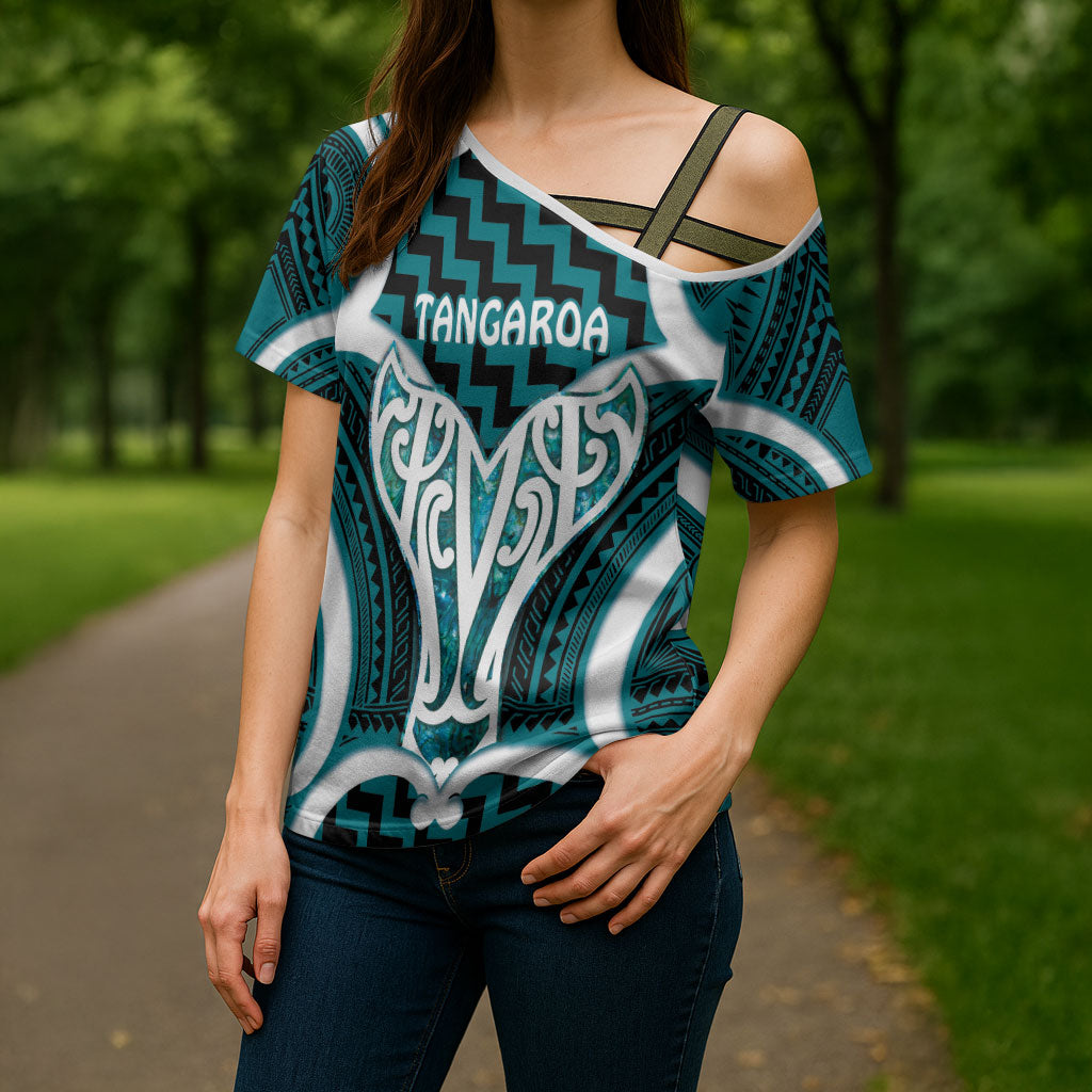 Aotearoa Atua Tangaroa Personalised Cross Shoulder Shirt God Of The Sea Maori Whale Tail Cyan