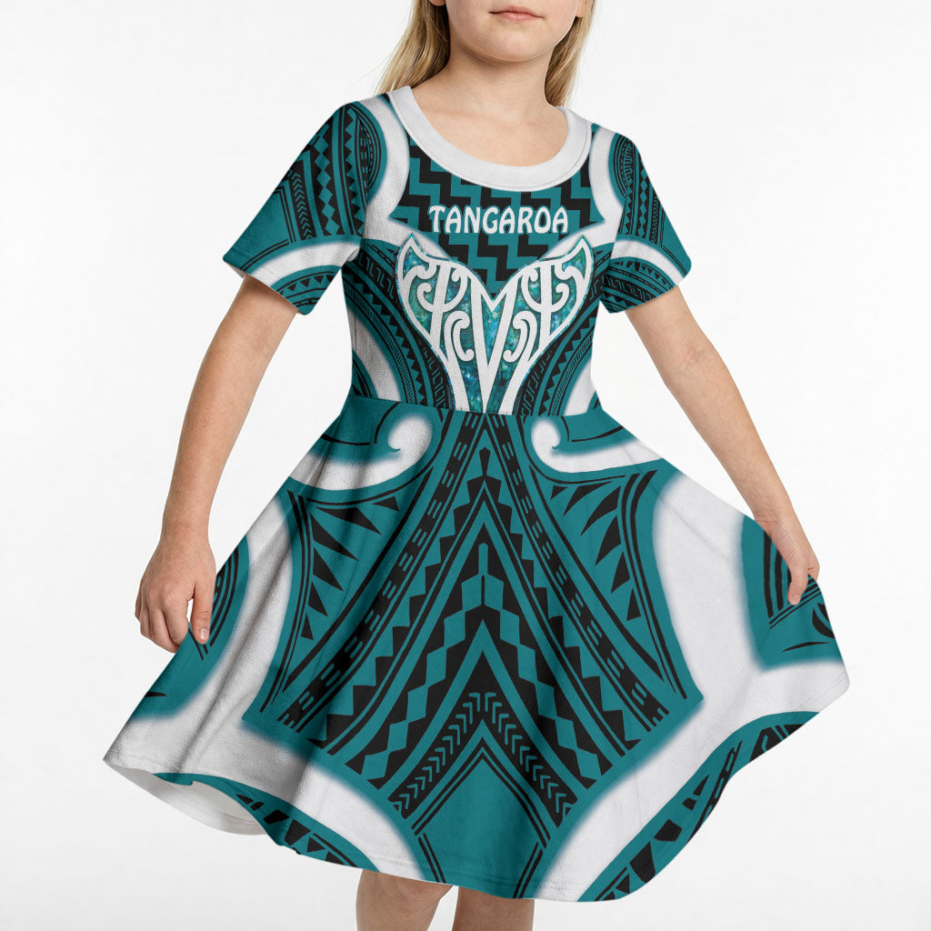 Aotearoa Atua Tangaroa Personalised Kid Short Sleeve Dress God Of The Sea Maori Whale Tail Cyan