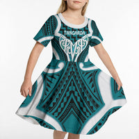 Aotearoa Atua Tangaroa Personalised Kid Short Sleeve Dress God Of The Sea Maori Whale Tail Cyan