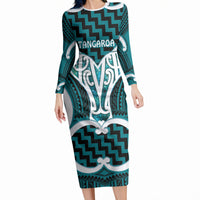 Aotearoa Atua Tangaroa Personalised Long Sleeve Bodycon Dress God Of The Sea Maori Whale Tail Cyan