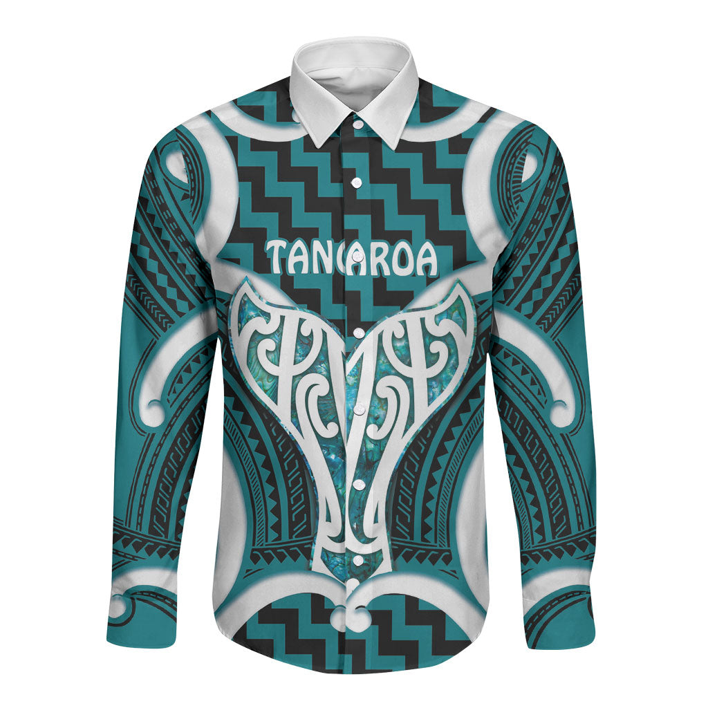 Aotearoa Atua Tangaroa Personalised Long Sleeve Button Shirt God Of The Sea Maori Whale Tail Cyan LT14 Unisex Cyan - Polynesian Pride