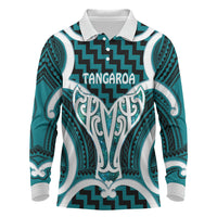 Aotearoa Atua Tangaroa Personalised Long Sleeve Polo Shirt God Of The Sea Maori Whale Tail Cyan