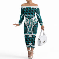 Aotearoa Atua Tangaroa Personalised Off The Shoulder Long Sleeve Dress God Of The Sea Maori Whale Tail Cyan