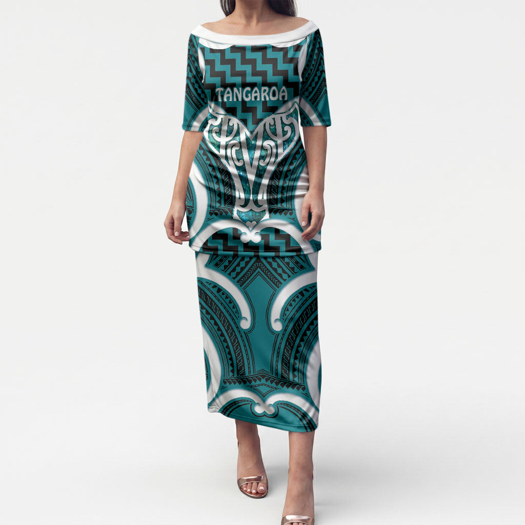 Aotearoa Atua Tangaroa Personalised Puletasi God Of The Sea Maori Whale Tail Cyan LT14 Long Dress Cyan - Polynesian Pride