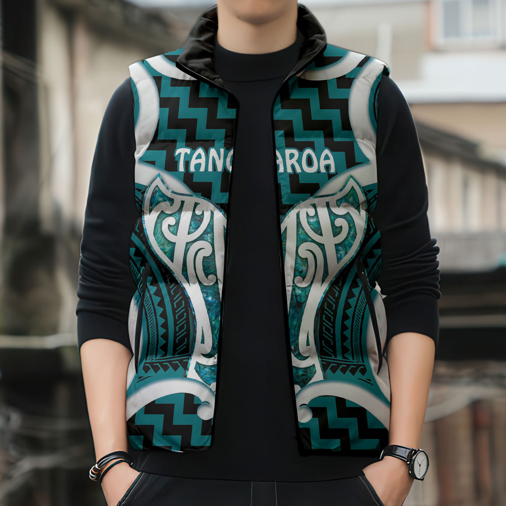 Aotearoa Atua Tangaroa Personalised Sleeveless Puffer Jacket God Of The Sea Maori Whale Tail Cyan