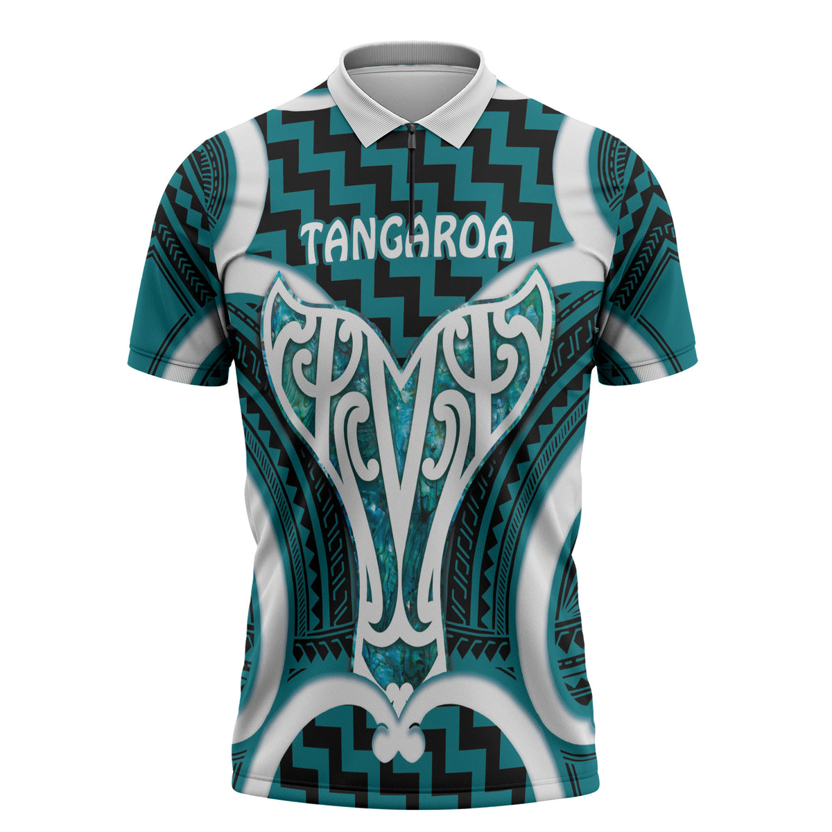 Aotearoa Atua Tangaroa Personalised Zipper Polo Shirt God Of The Sea Maori Whale Tail Cyan