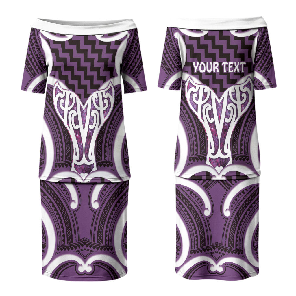 Aotearoa Atua Tangaroa Personalised Couples Matching Puletasi and Long Sleeve Button Shirt God Of The Sea Maori Whale Tail Purple