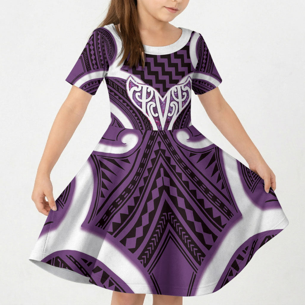 Aotearoa Atua Tangaroa Personalised Kid Short Sleeve Dress God Of The Sea Maori Whale Tail Purple