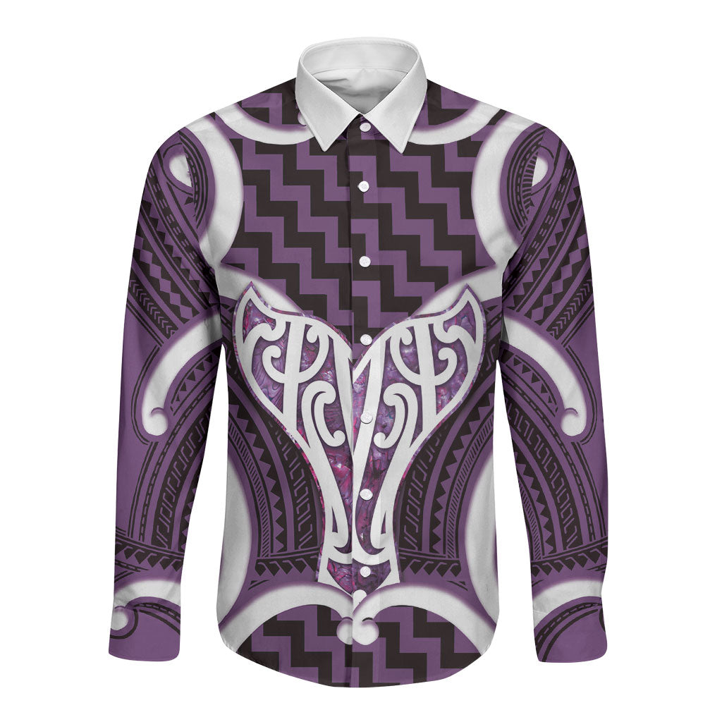 Aotearoa Atua Tangaroa Personalised Long Sleeve Button Shirt God Of The Sea Maori Whale Tail Purple