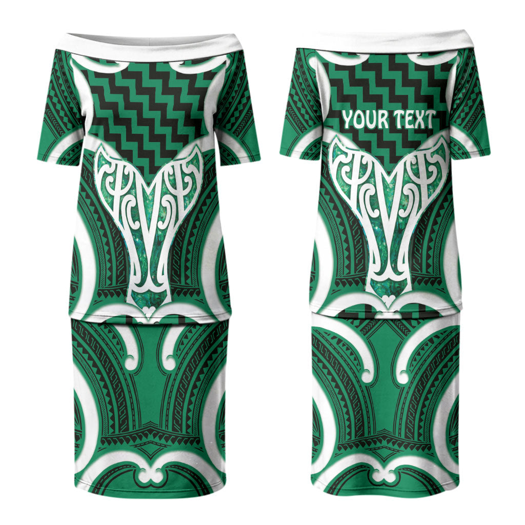 Aotearoa Atua Tangaroa Personalised Couples Matching Puletasi and Long Sleeve Button Shirt God Of The Sea Maori Whale Tail Green