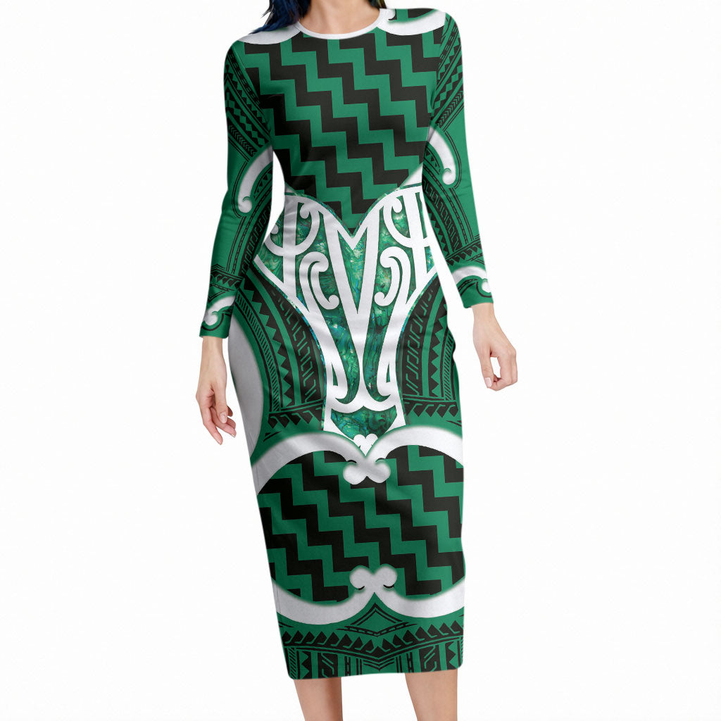 Aotearoa Atua Tangaroa Personalised Long Sleeve Bodycon Dress God Of The Sea Maori Whale Tail Green