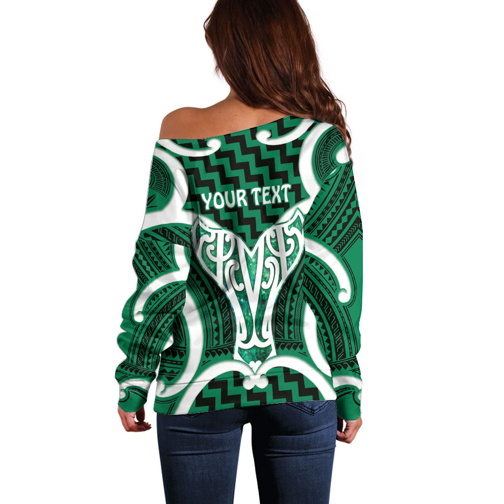 Aotearoa Atua Tangaroa Personalised Off Shoulder Sweater God Of The Sea Maori Whale Tail Green